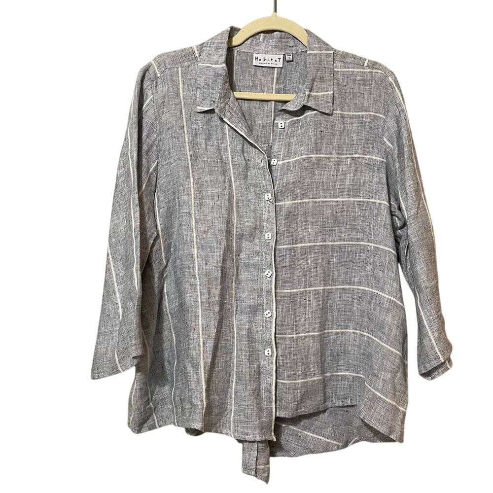 Habitat Blue Striped Linen Button Down Lagenlook Shirt Womens S Casual Beachy